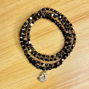 Set of 2 Black & Gold Hematite Wire Wrap Bracelets w/Crescent Moon Charm